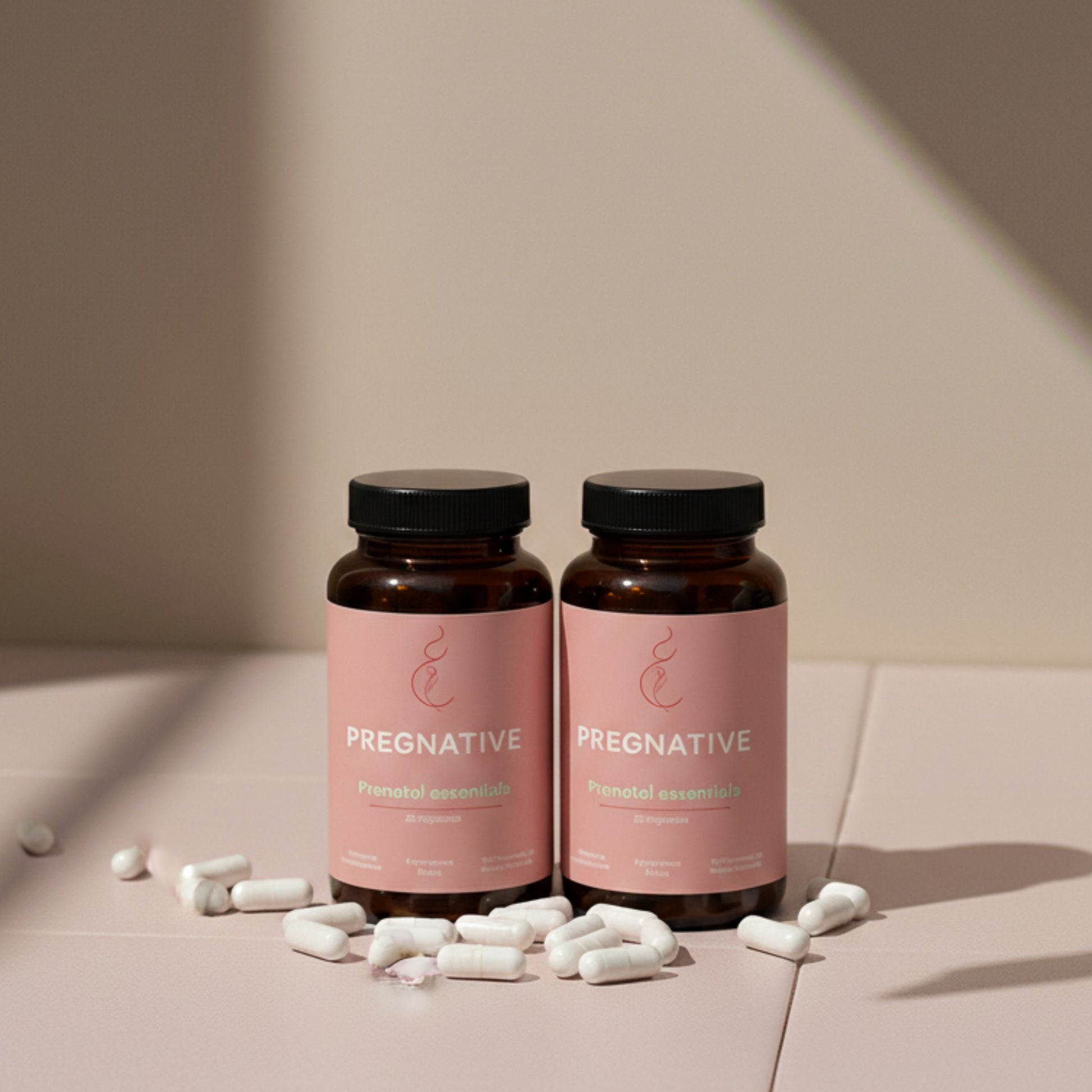 Two bottles of PREGNATIVE supplements with scattered pills on a beige surface.