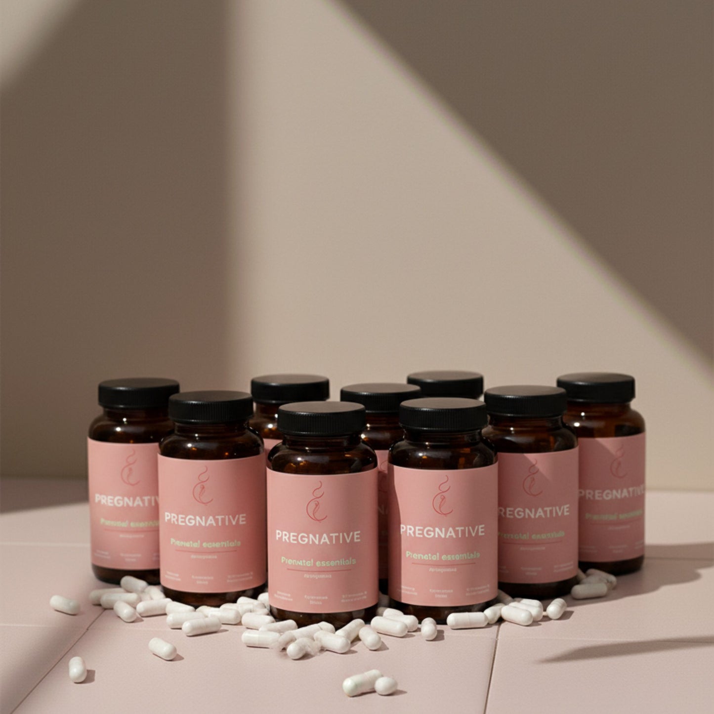 9 Bottles of PREGNATIVE on a pink surface with scattered pills.