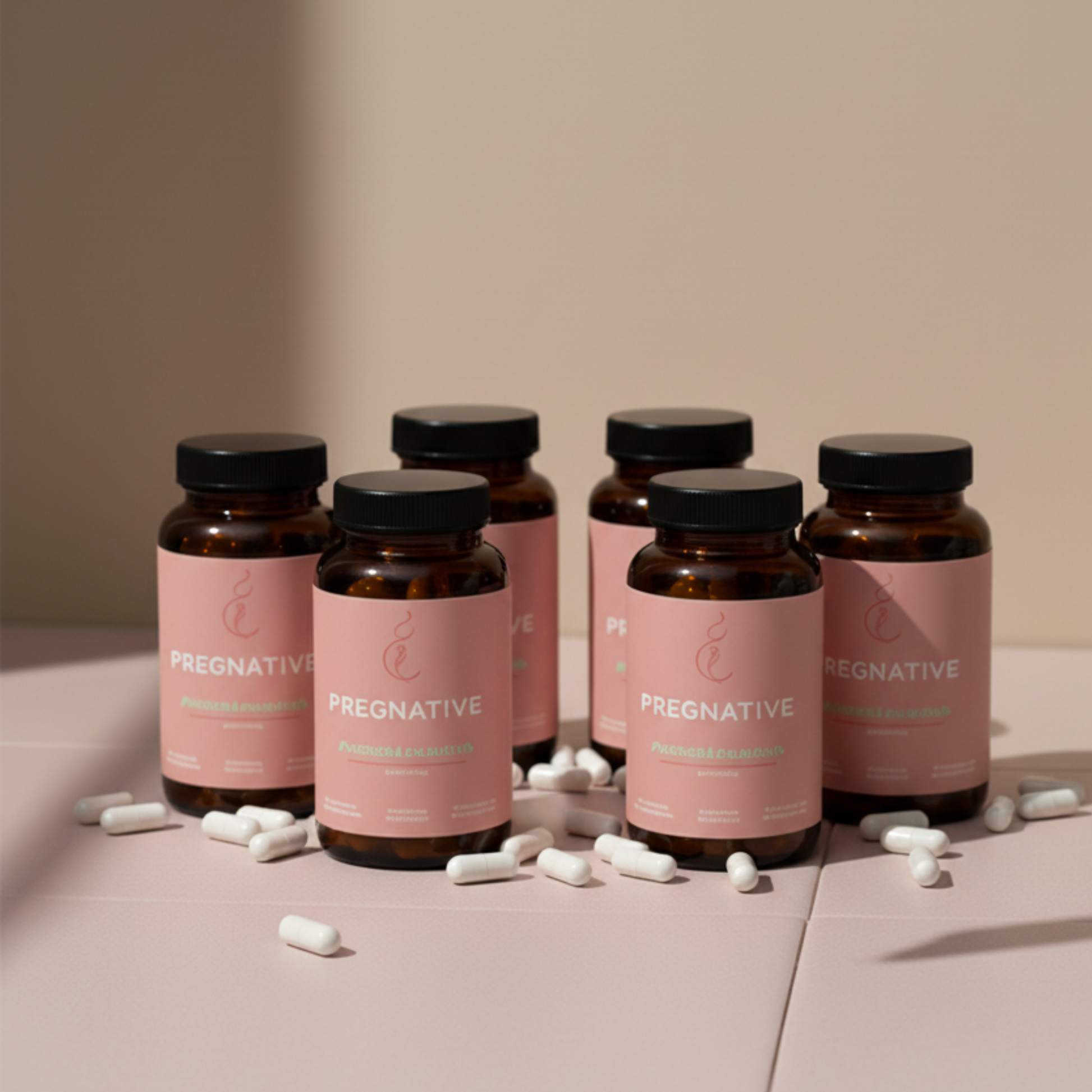 Pregnative Essentials Pregnancy vitamins with pink labels on a beige background