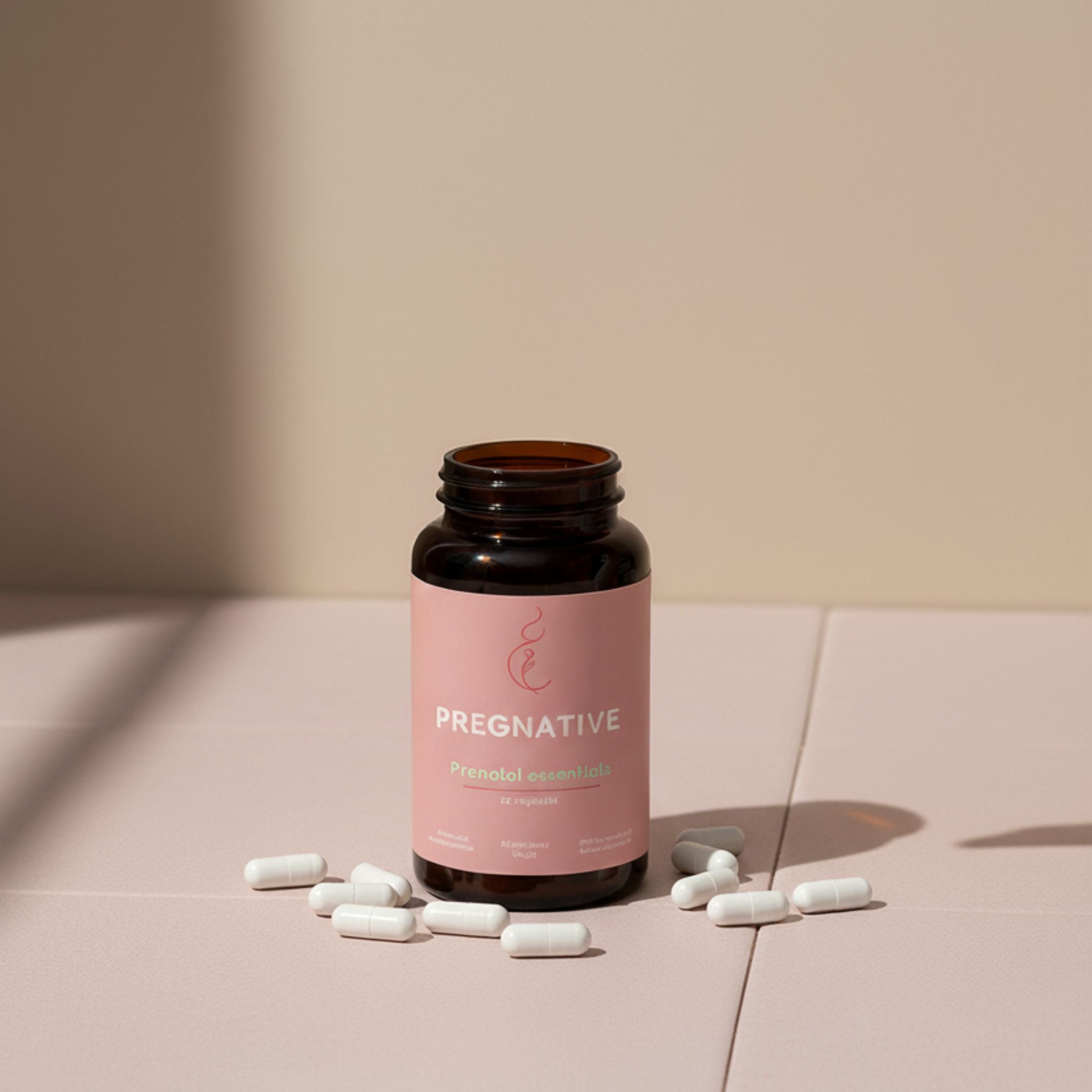 Bottle of 'Pregnative' supplement with pink label on a beige surface
