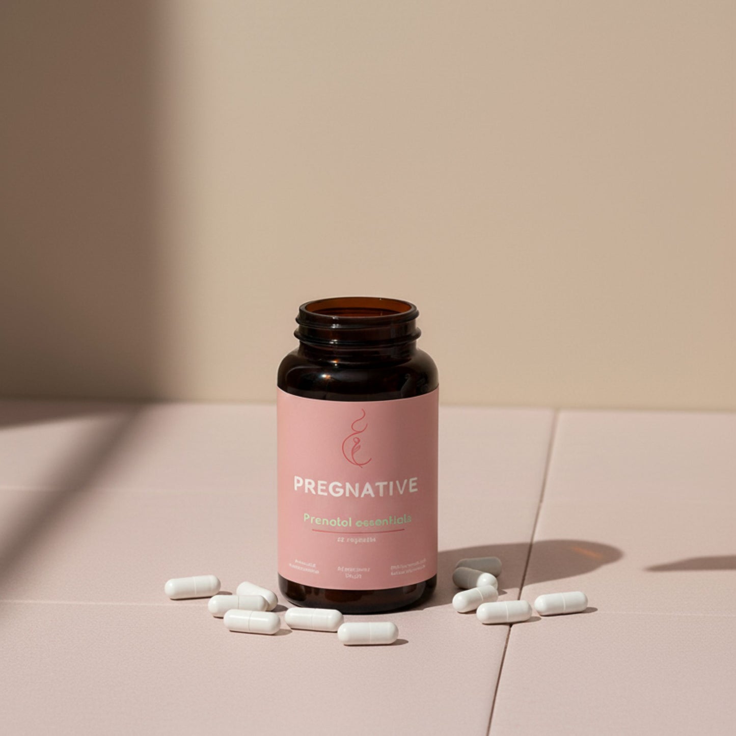 Bottle of 'Pregnative' supplement with pink label on a beige surface