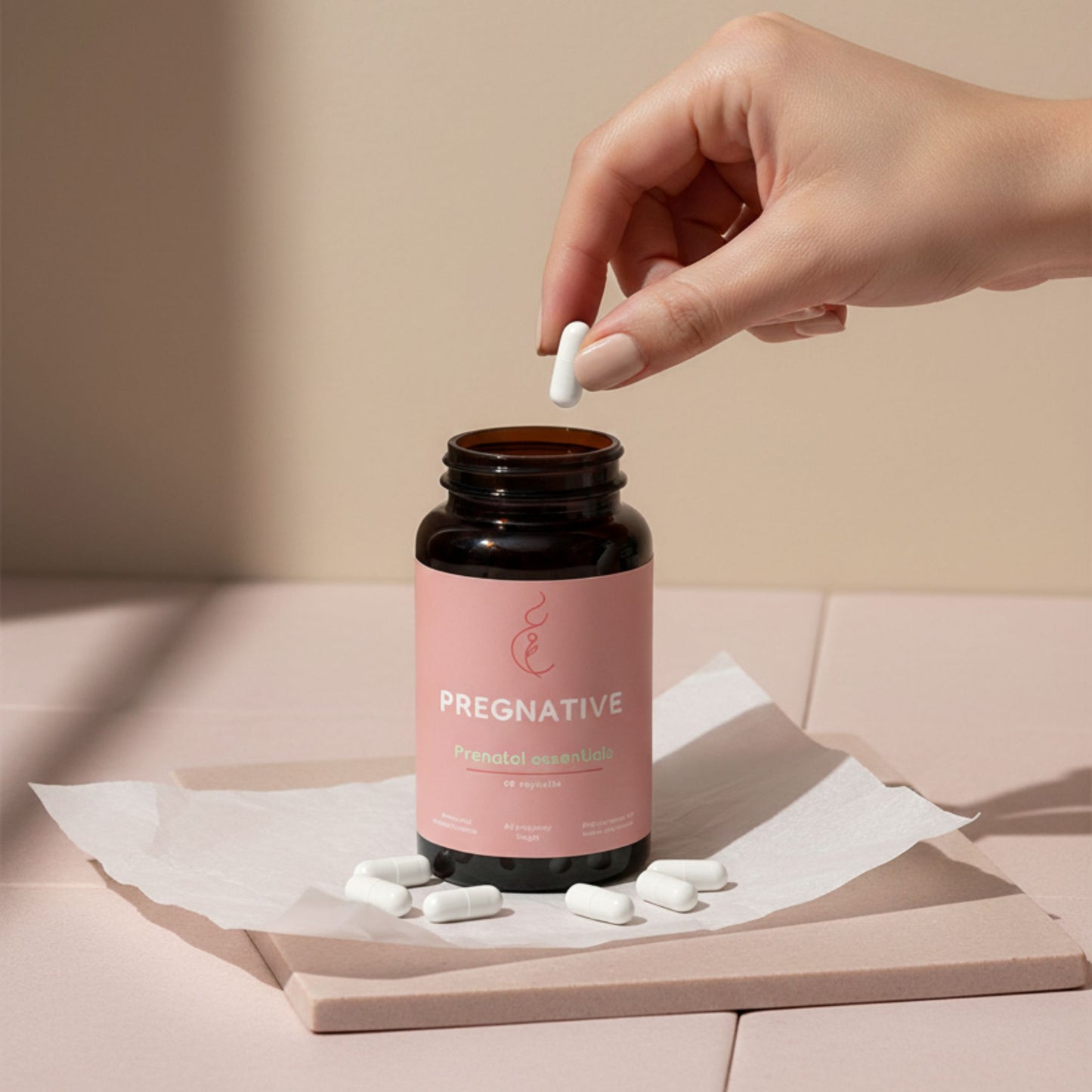 Hand placing a pill into a 'Pregnative' supplement bottle on a neutral background