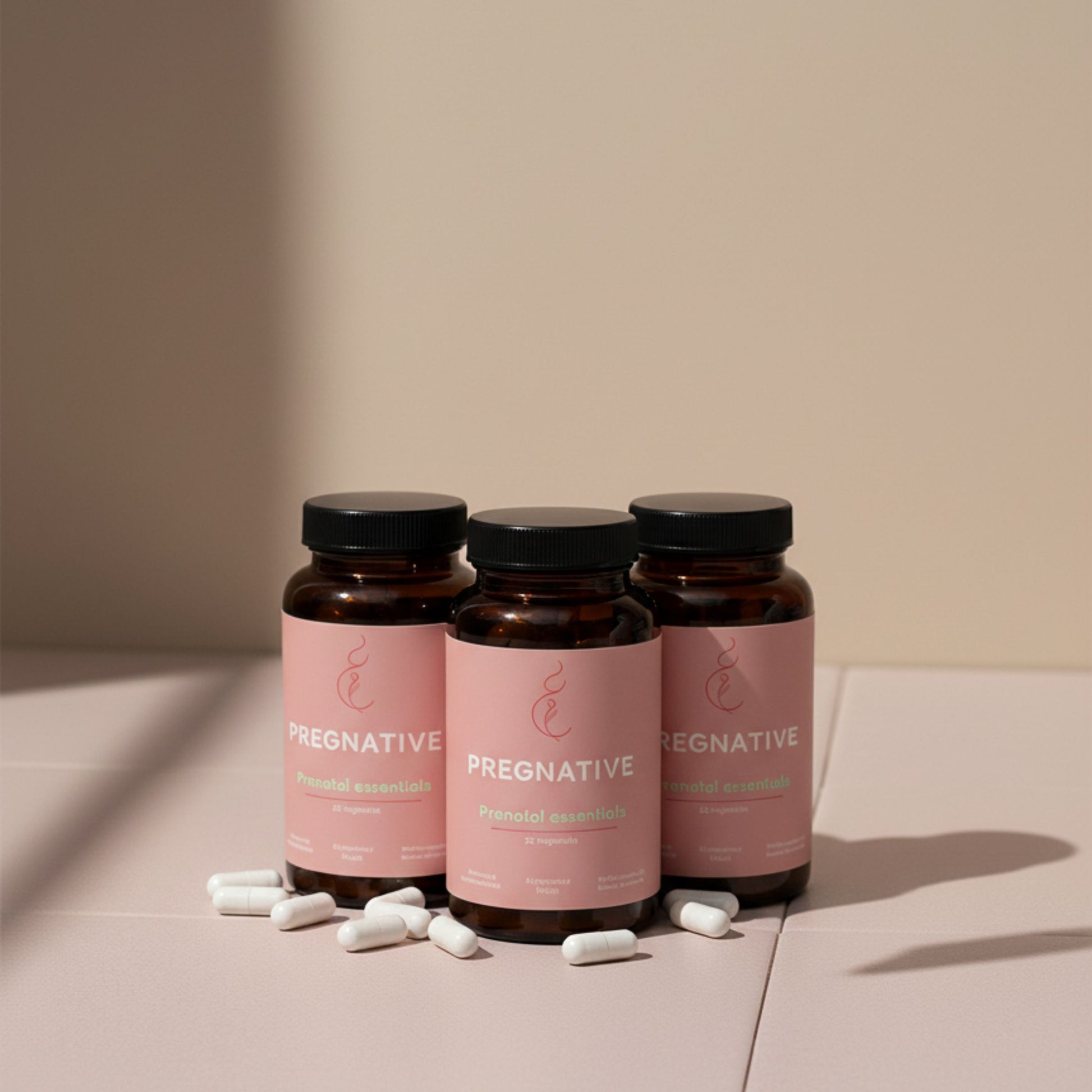 Three bottles of 'Pregnative' on a beige surface with a neutral background