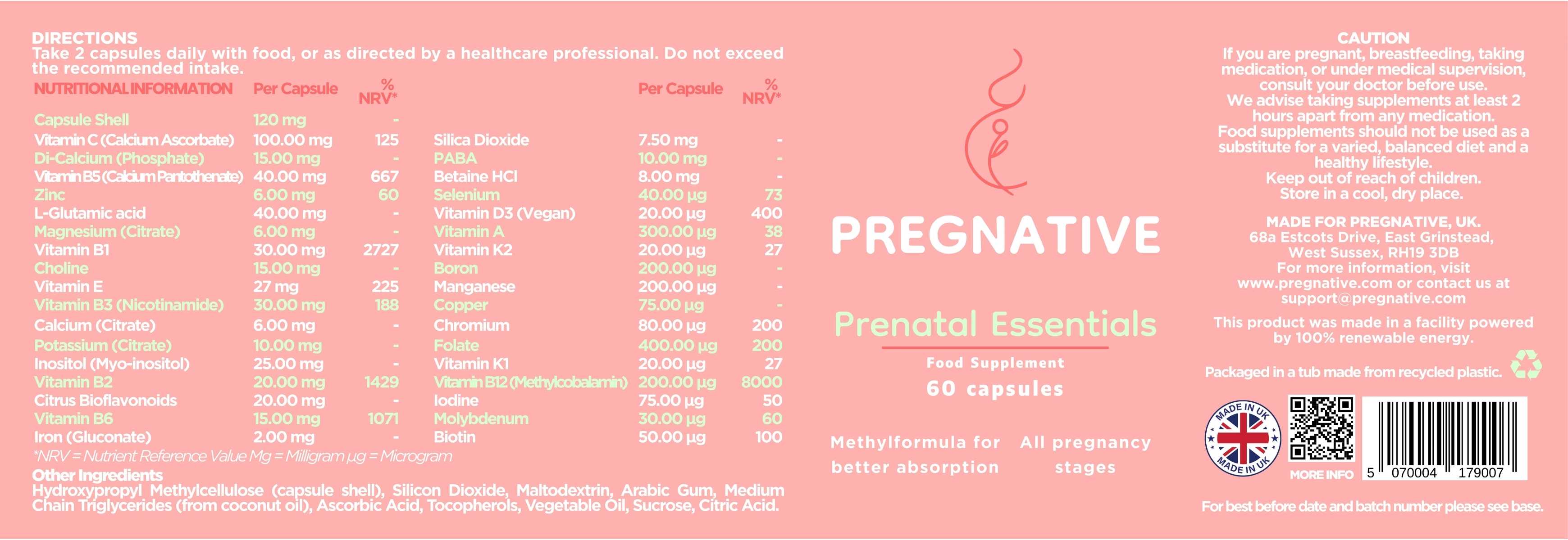 Pregnancy supplement label with 'Pregnative' branding on a pink background