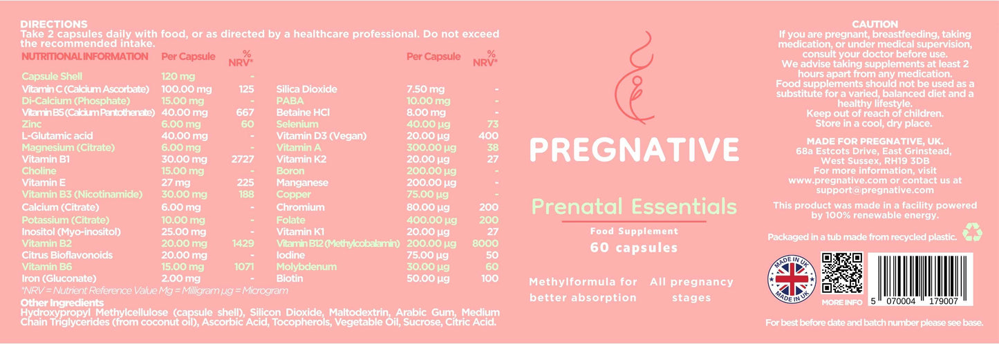 Pregnancy supplement label with 'Pregnative' branding on a pink background
